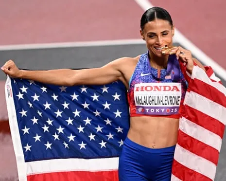 The American sprinter runs quickest female 400m in four decades to claim gold
